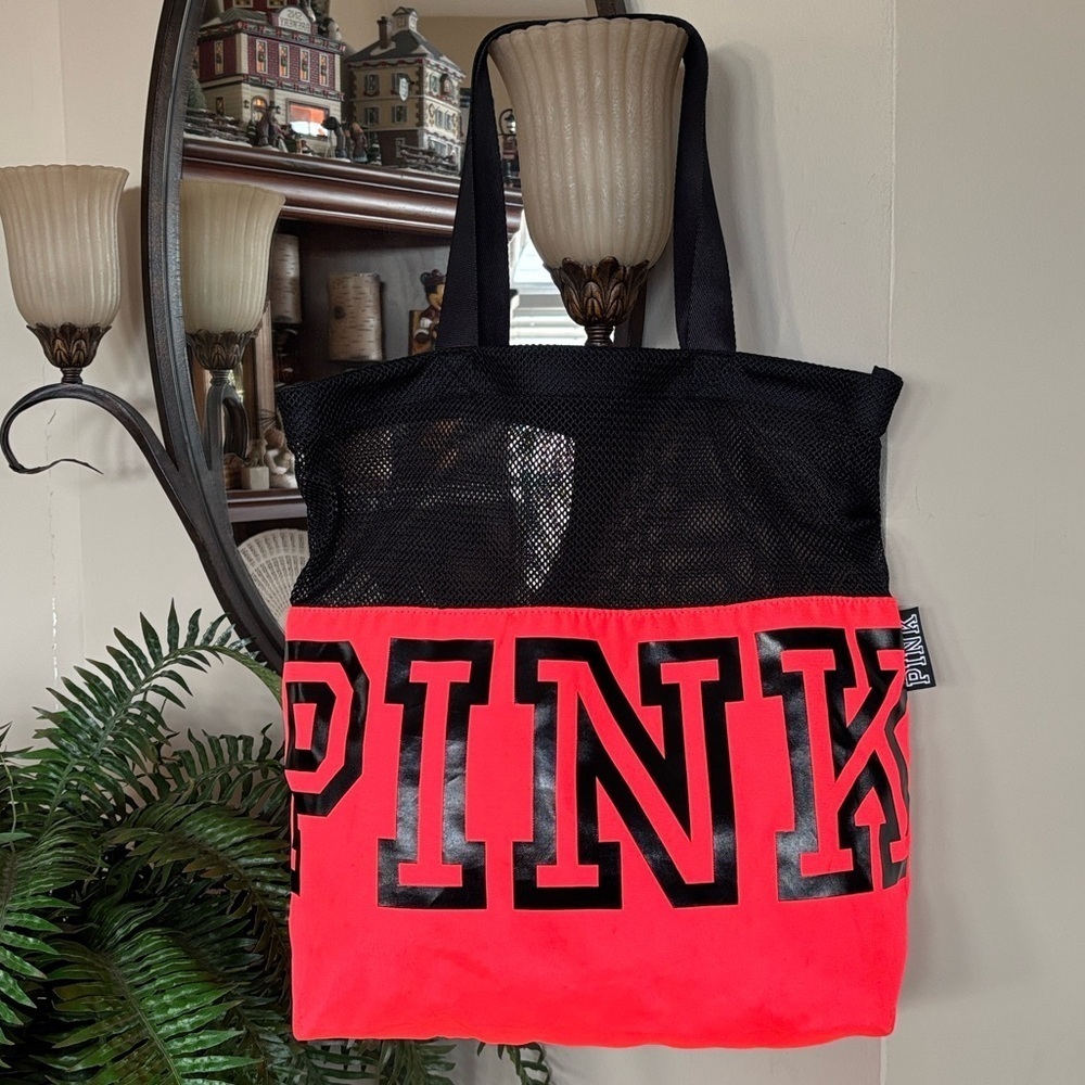 PINK Victoria's Secret Neon Coral & Black Mesh Beach Tote Bag Graphic Logo Y2K